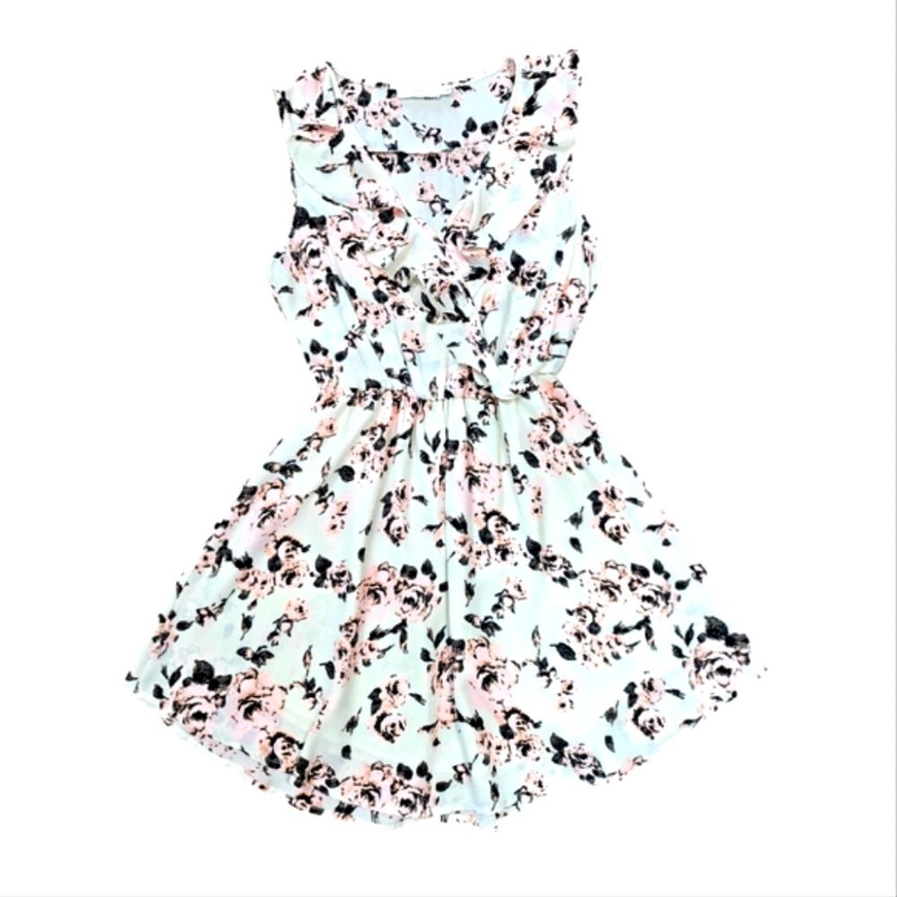 Lush Floral Mini Dress W/ Ruffle Faux Wrap Chest and Stretch Waistband Size M